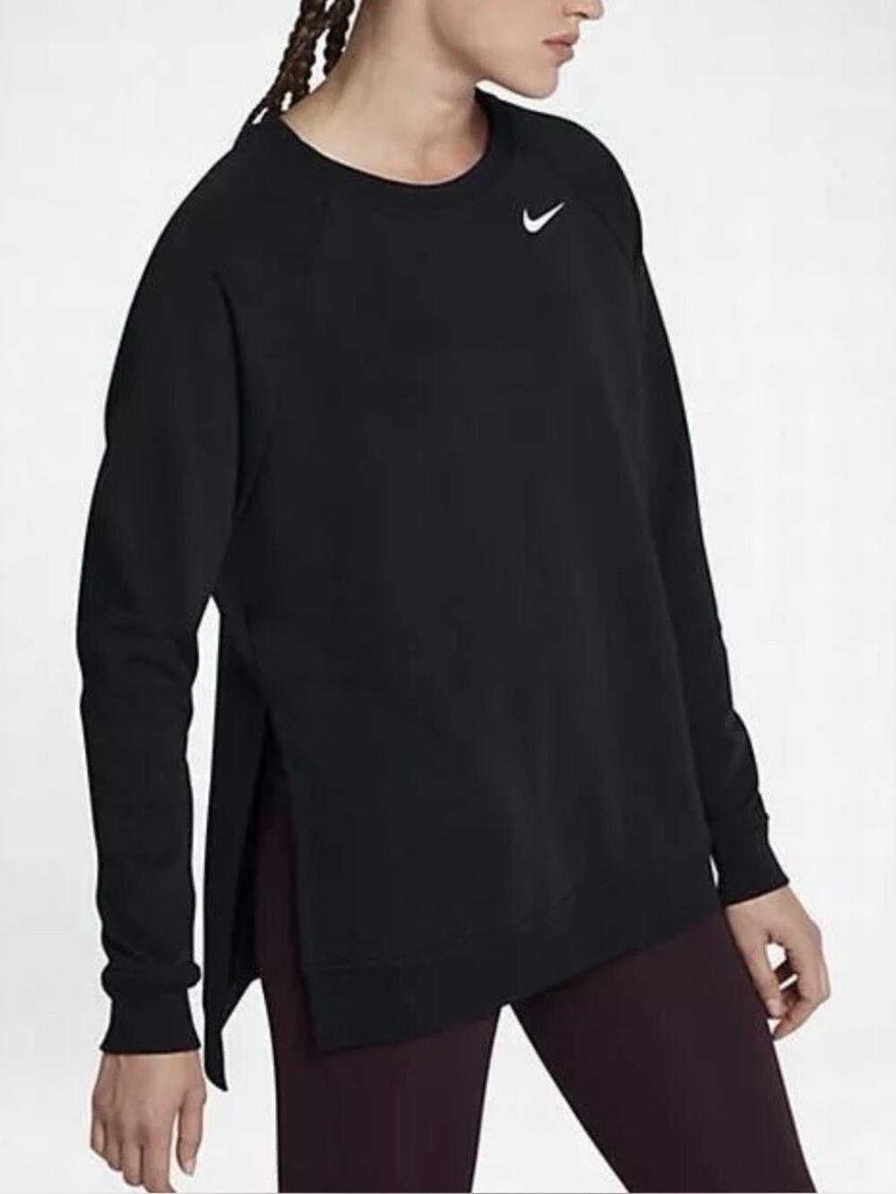 Nike Black Crew Sweatshirt with Side Slits and White Swoosh